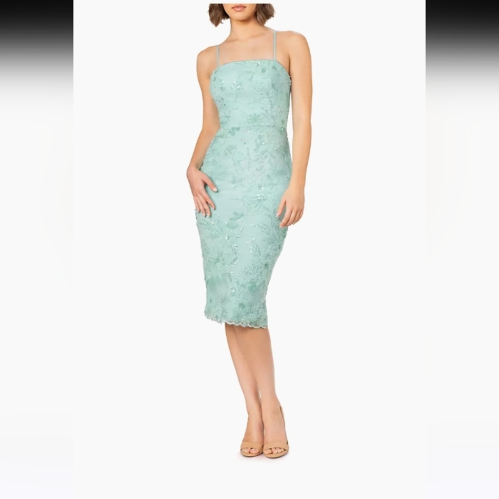 Dress the Population Josselyn Sequin Floral Midi Dress, Mint, Size Medium